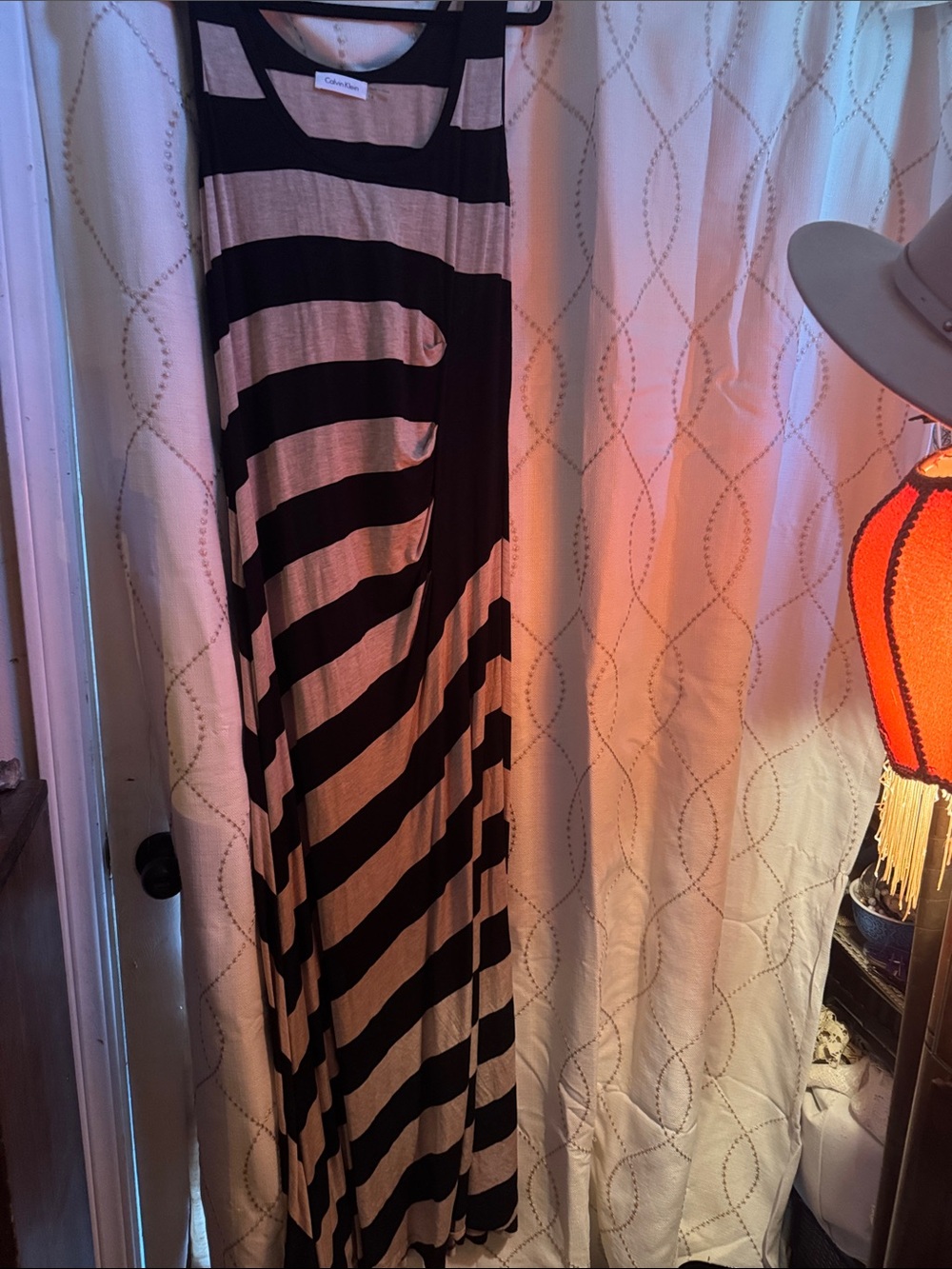 Calvin Klein Black and Beige Striped Maxi Tank Dress